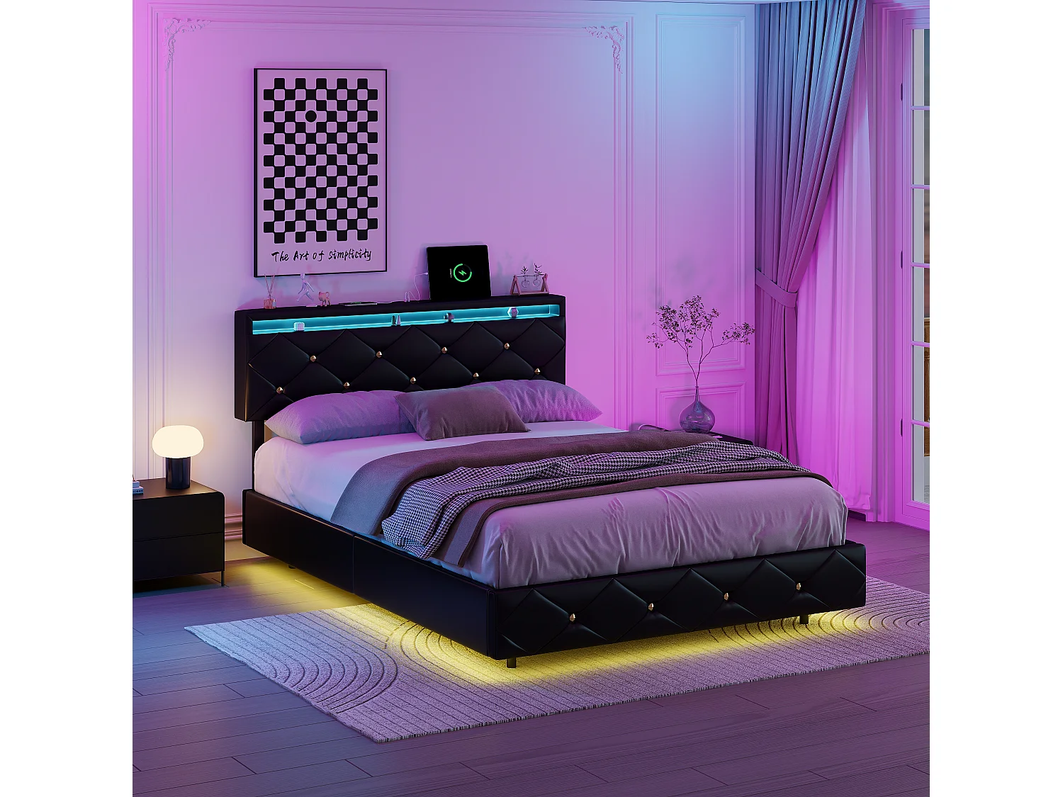 Lit Double 140x200 avec Multiprise & Éclairage LED, Cadre de lit Flottant avec Tête de Lit Réglable et sommier à Lattes,PU (Noir, 140x200)