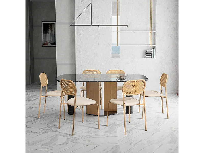 Lot de 2 chaises de salle à manger en rotin PE beige avec assise rembourrée en PU, style naturel et moderne
