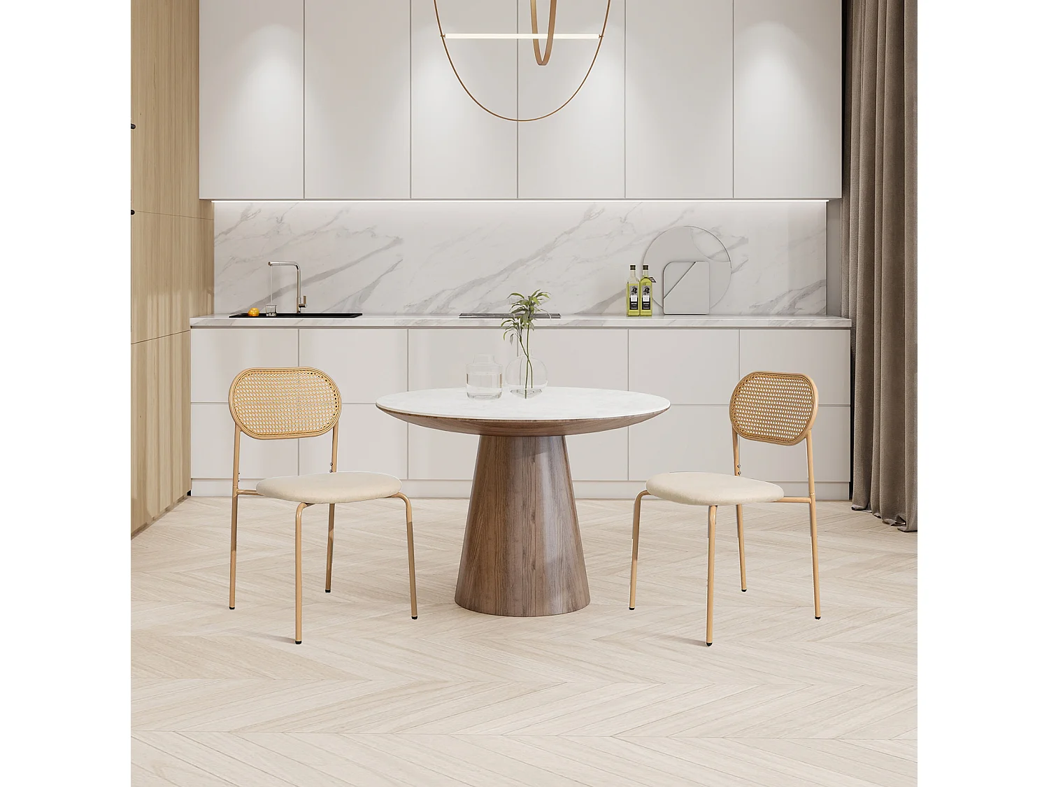 Lot de 2 chaises de salle à manger en rotin PE beige avec assise rembourrée en PU, style naturel et moderne