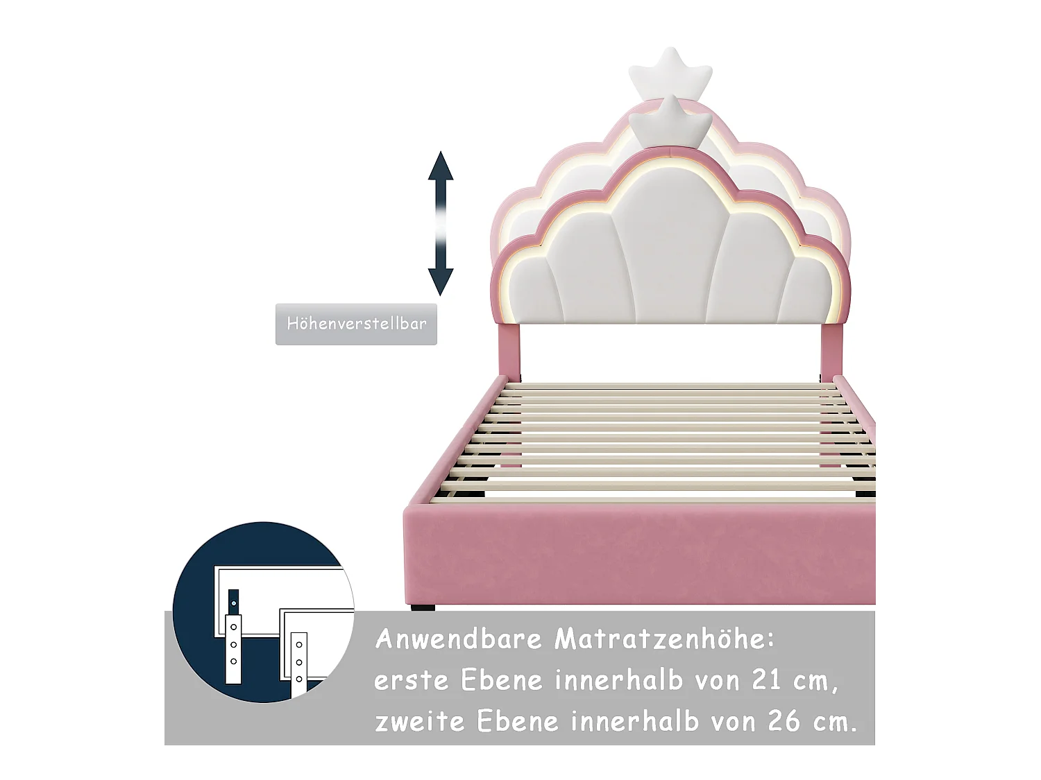 Cama infantil 90x200 cm terciopelo rosa y blanco con cabecero corona y LED integrado, diseño mágico y luminoso para dormitorio moderno