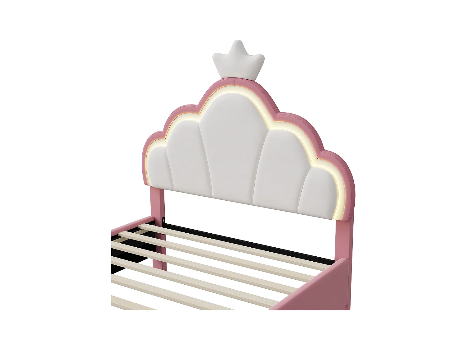 Cama infantil 90x200 cm terciopelo rosa y blanco con cabecero corona y LED integrado, diseño mágico y luminoso para dormitorio moderno