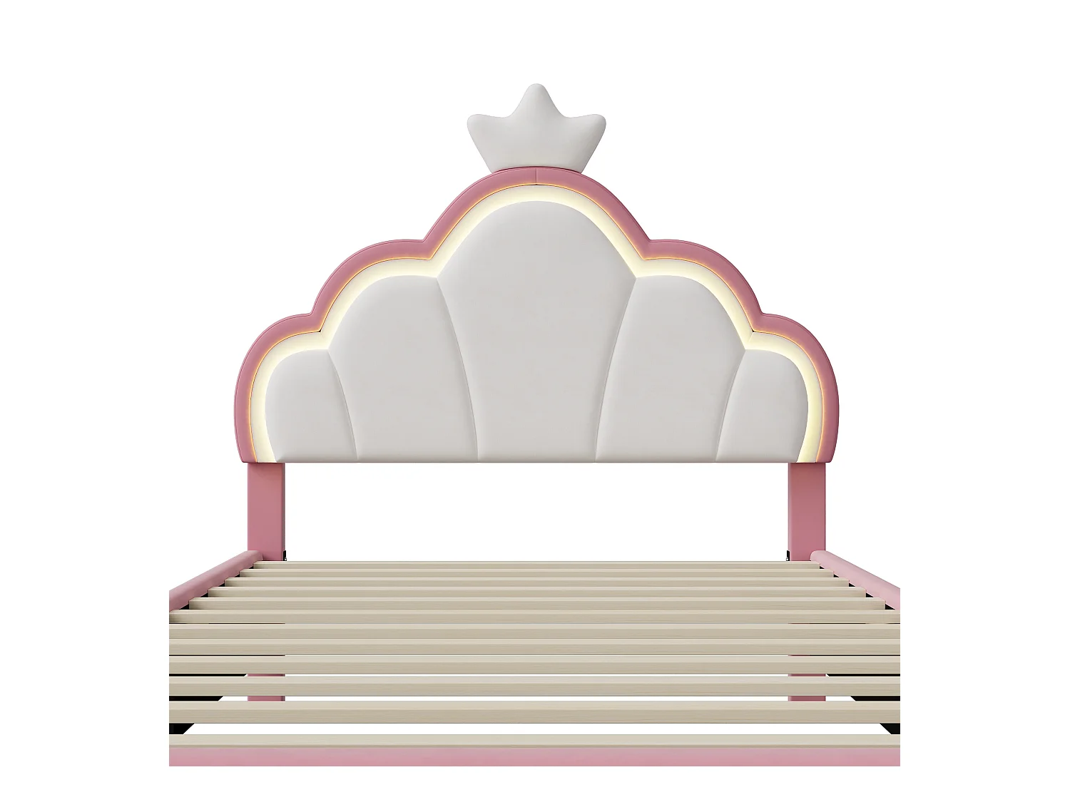 Cama infantil 90x200 cm terciopelo rosa y blanco con cabecero corona y LED integrado, diseño mágico y luminoso para dormitorio moderno