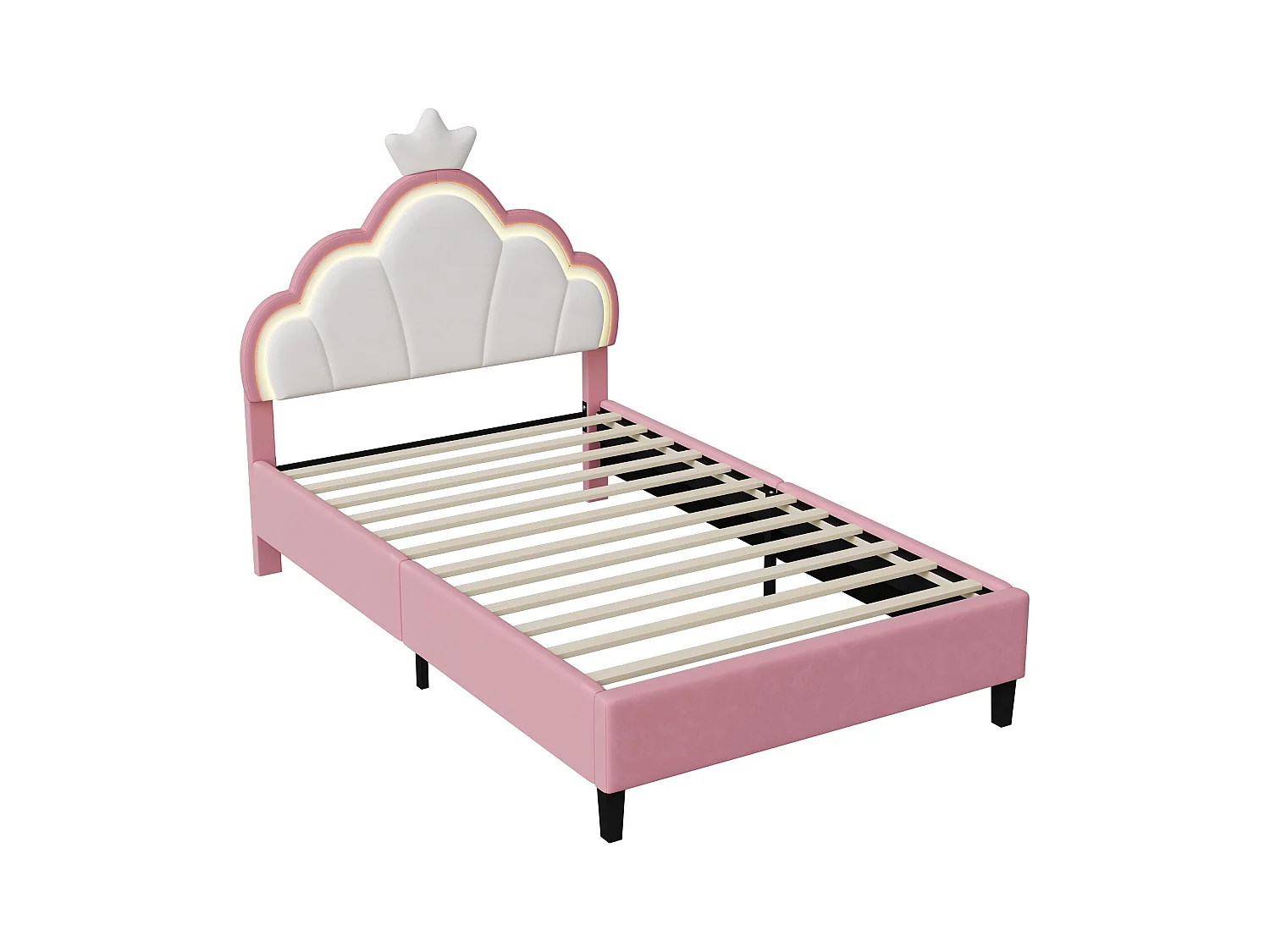 Cama infantil 90x200 cm terciopelo rosa y blanco con cabecero corona y LED integrado, diseño mágico y luminoso para dormitorio moderno