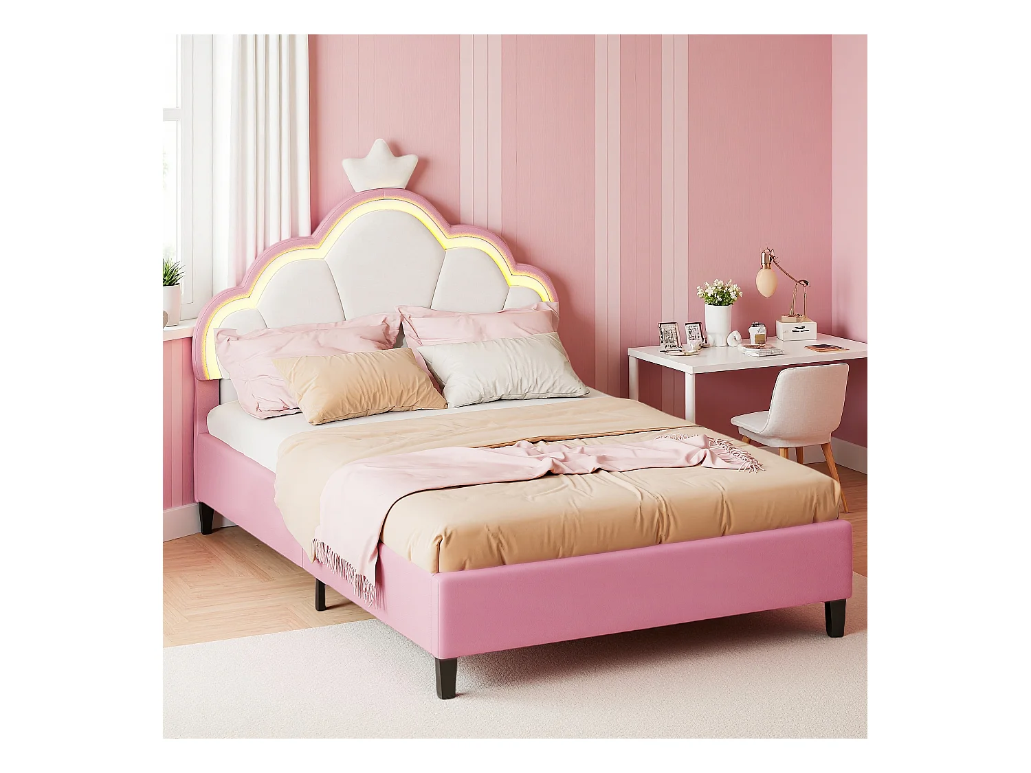 Cama infantil 90x200 cm terciopelo rosa y blanco con cabecero corona y LED integrado, diseño mágico y luminoso para dormitorio moderno