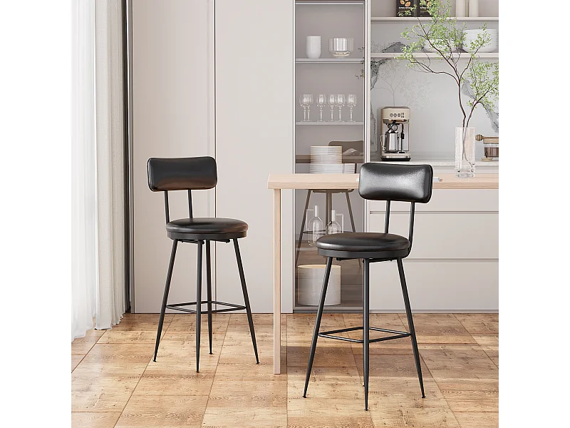 Set di 2 sedie da bar moderne in similpelle nera, design minimalista con schienale, struttura in metallo robusto, comode e facili da pulire
