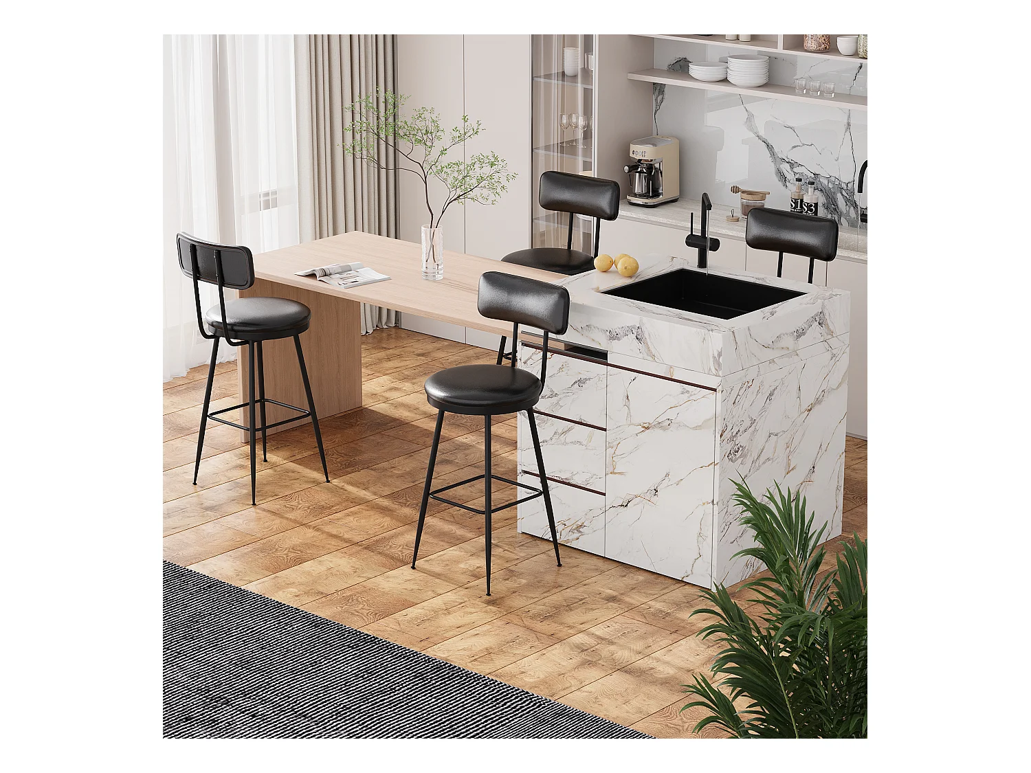 Set di 2 sedie da bar moderne in similpelle nera, design minimalista con schienale, struttura in metallo robusto, comode e facili da pulire