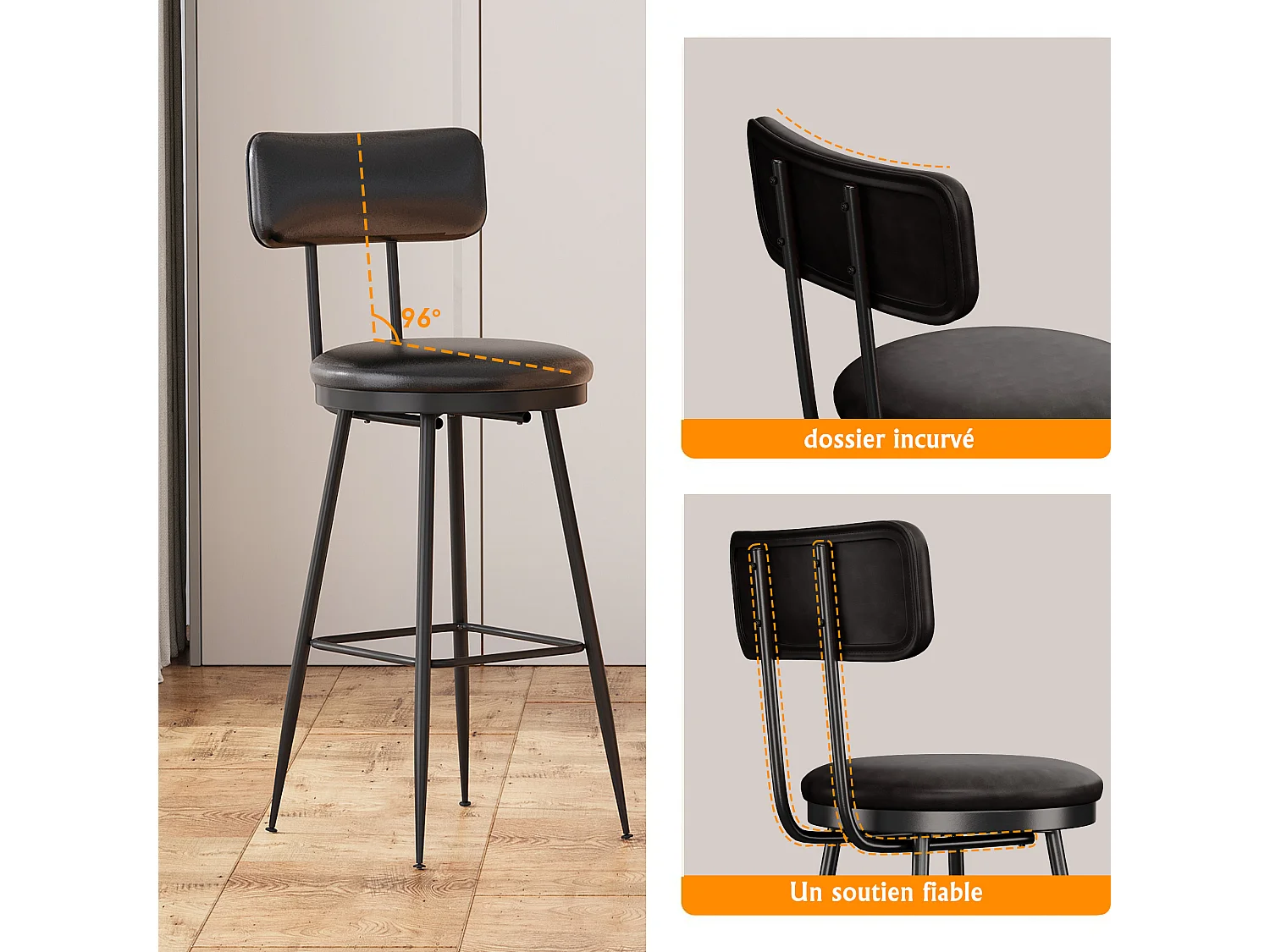 Lot de 2 chaises de bar modernes en similicuir noir, design minimaliste avec dossier, cadre métallique robuste, confortables et faciles à nettoyer