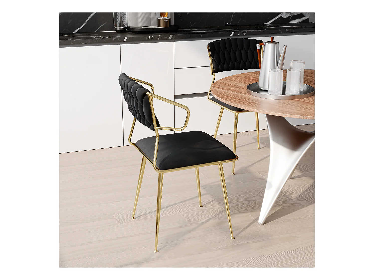 Set di 2 sedie da pranzo in velluto nero con motivo tartarugato, gambe in metallo dorato, design moderno ed elegante