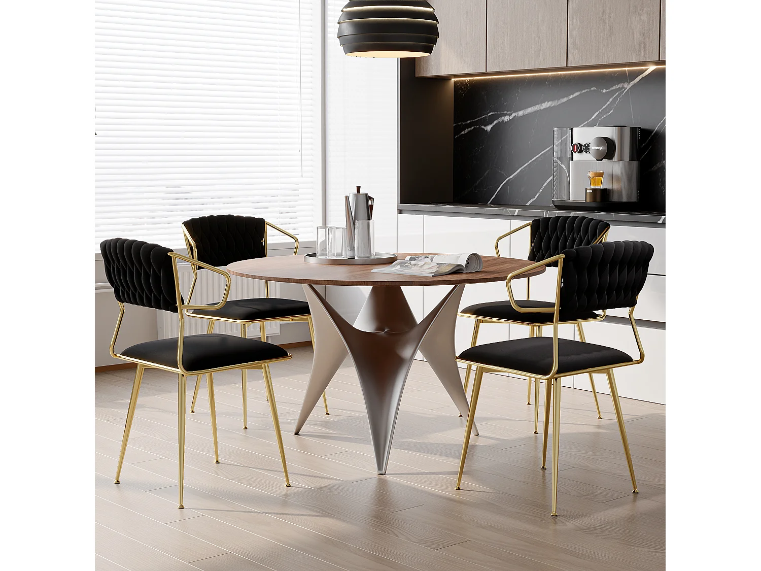 Lot de 2 chaises de salle à manger en velours noir motif écaille, pieds dorés en métal, design moderne et élégant