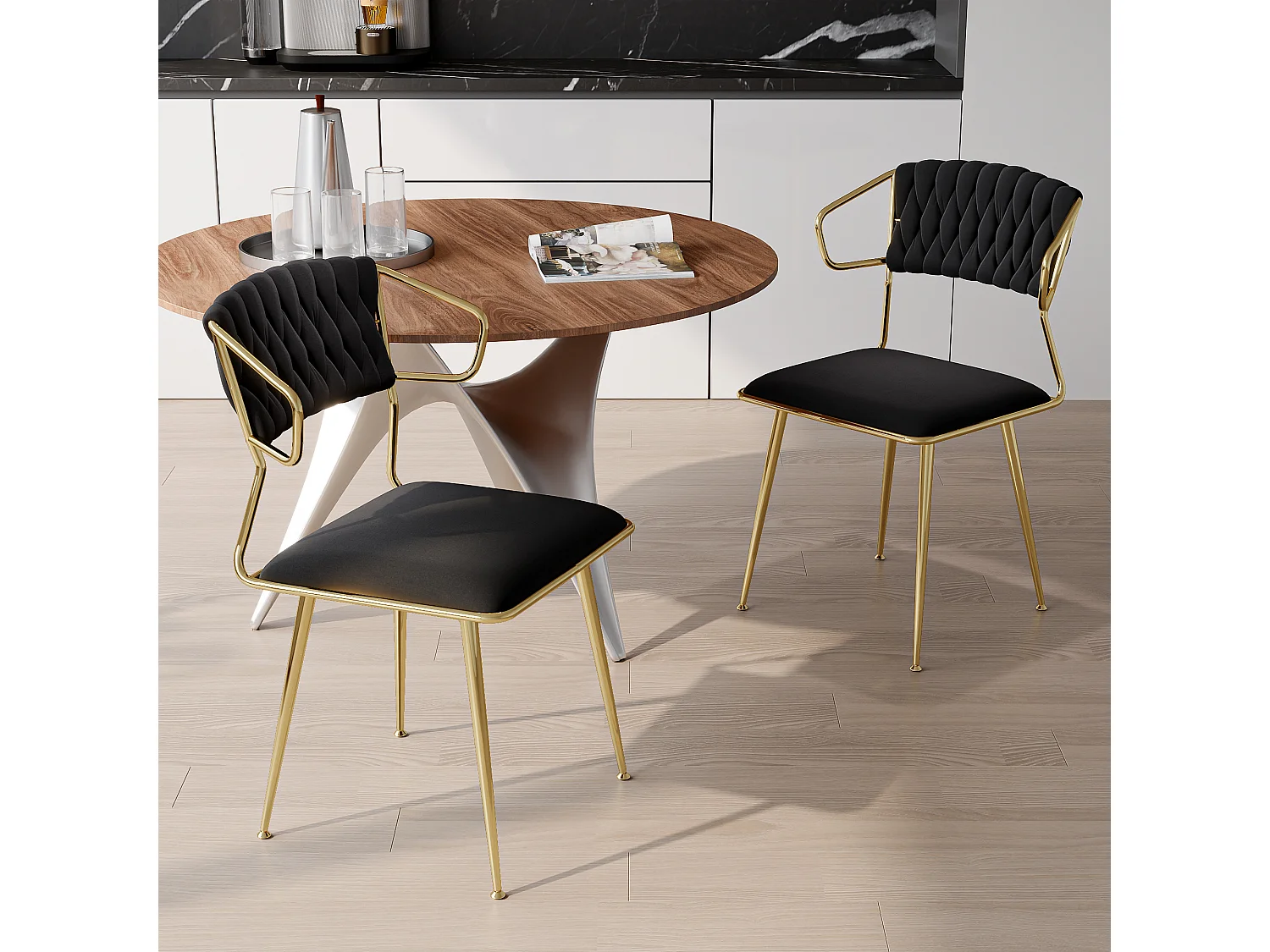 Lot de 2 chaises de salle à manger en velours noir motif écaille, pieds dorés en métal, design moderne et élégant