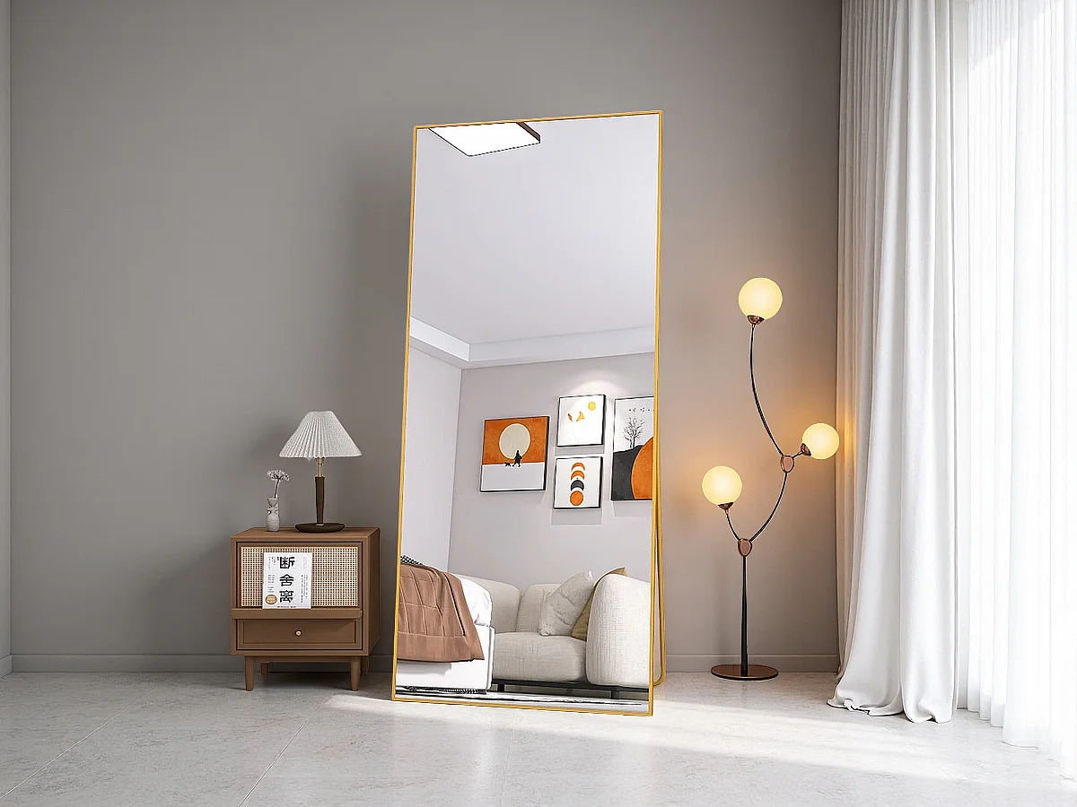 Miroir de maquillage rectangulaire en verre trempé, cadre en aluminium doré, 1800x800 mm, design moderne et élégant