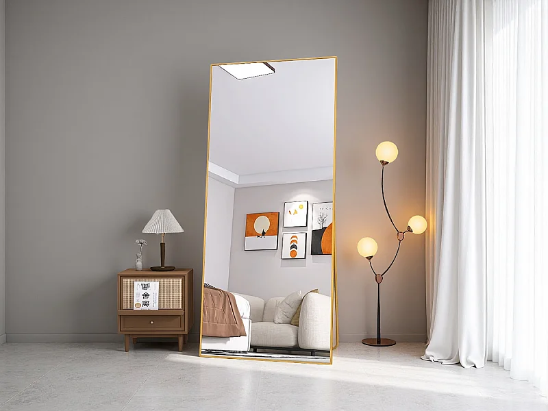 Rechthoekige make-upspiegel van gehard glas, gouden aluminium frame, 1800x800 mm, modern en elegant design