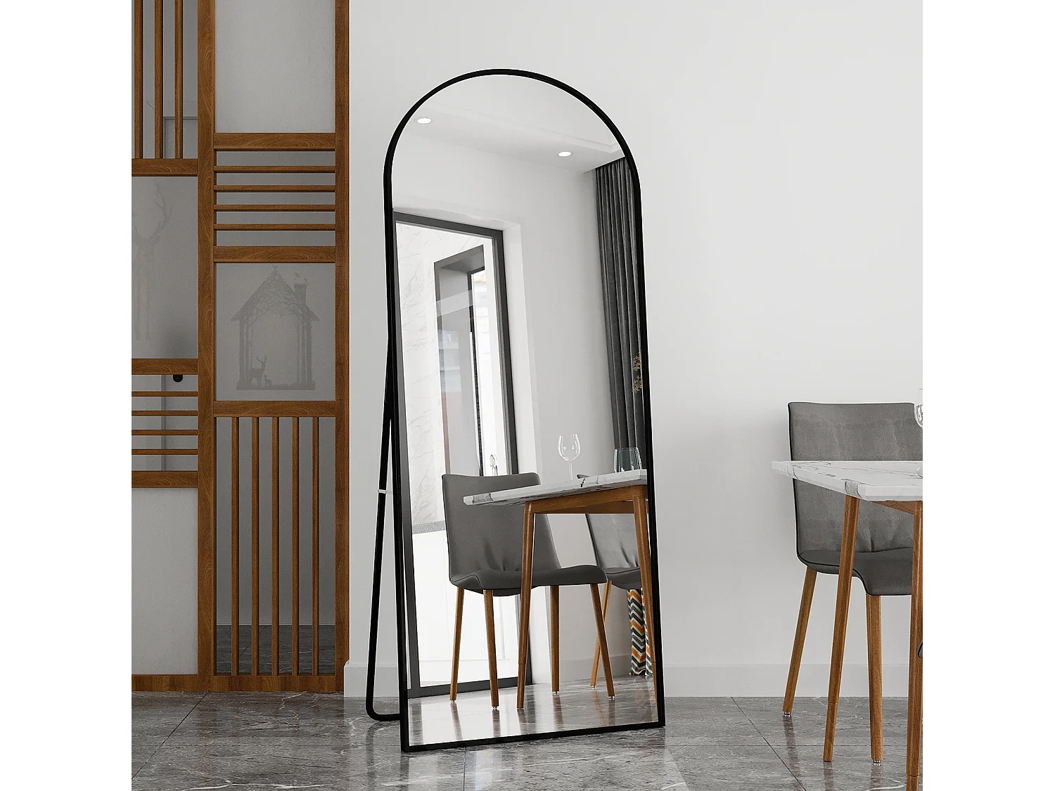 Miroir pleine longueur 180 x 80 cm en verre trempé avec cadre en aluminium noir, forme arquée,  grand miroir de sol