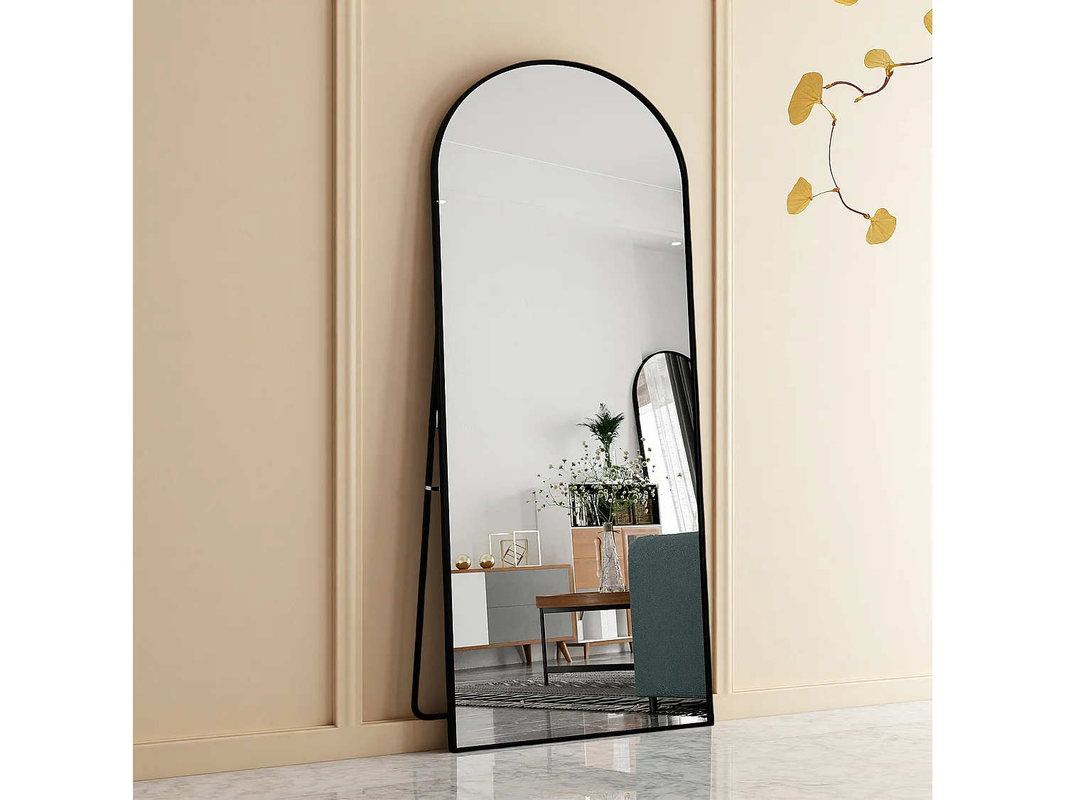 Miroir pleine longueur 180 x 80 cm en verre trempé avec cadre en aluminium noir, forme arquée,  grand miroir de sol