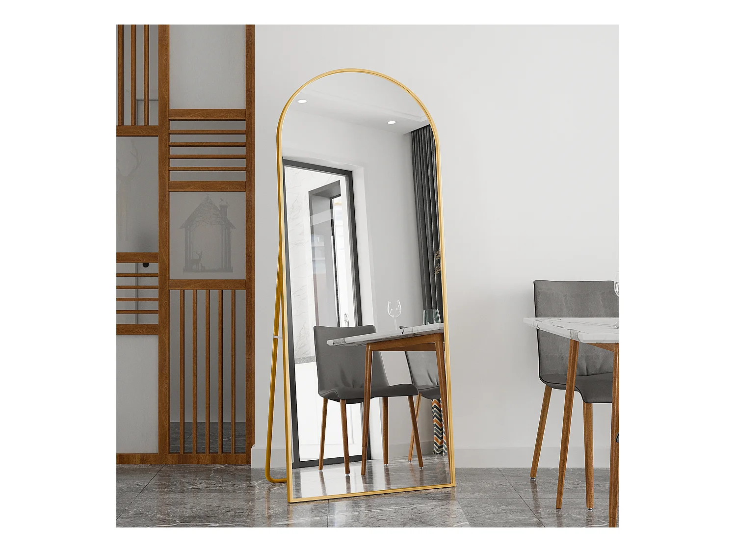 Spiegel op ware grootte 180 x 80 cm van gehard glas met gouden aluminium lijst, gebogen vorm, grote staande spiegel