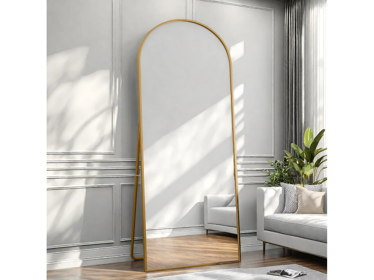 Miroir pleine longueur 180 x 80 cm en verre trempé avec cadre en aluminium doré, forme arquée,  grand miroir de sol