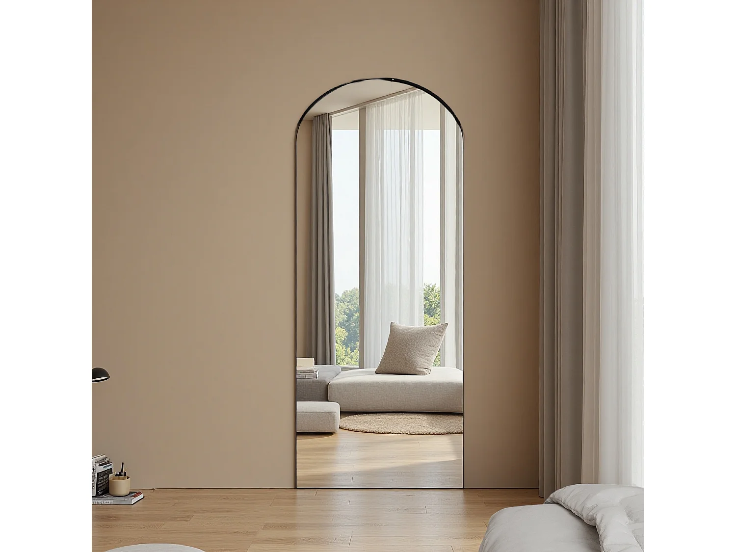 Miroir pleine longueur 180 x 80 cm en verre trempé avec cadre en aluminium doré, forme arquée,  grand miroir de sol