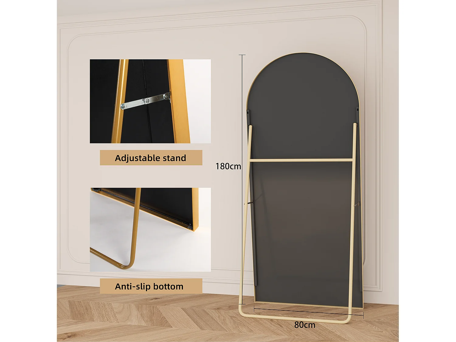 Miroir pleine longueur 180 x 80 cm en verre trempé avec cadre en aluminium doré, forme arquée,  grand miroir de sol