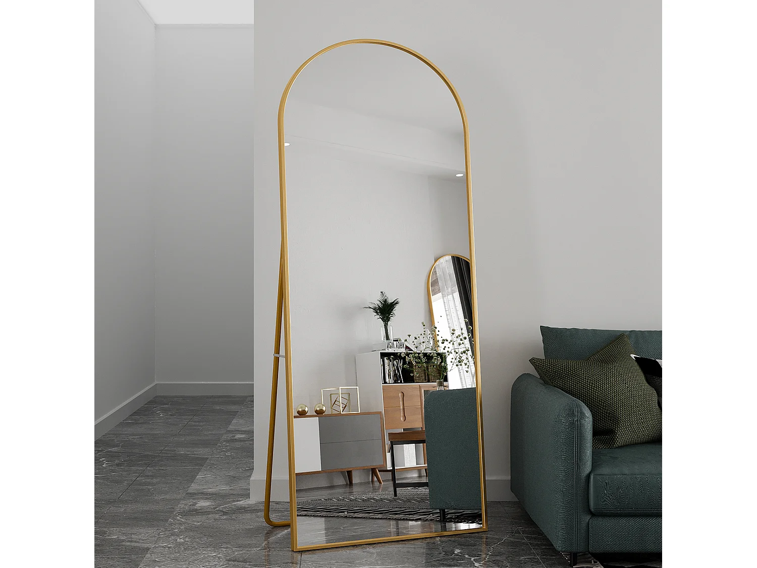 Miroir pleine longueur 180 x 80 cm en verre trempé avec cadre en aluminium doré, forme arquée,  grand miroir de sol