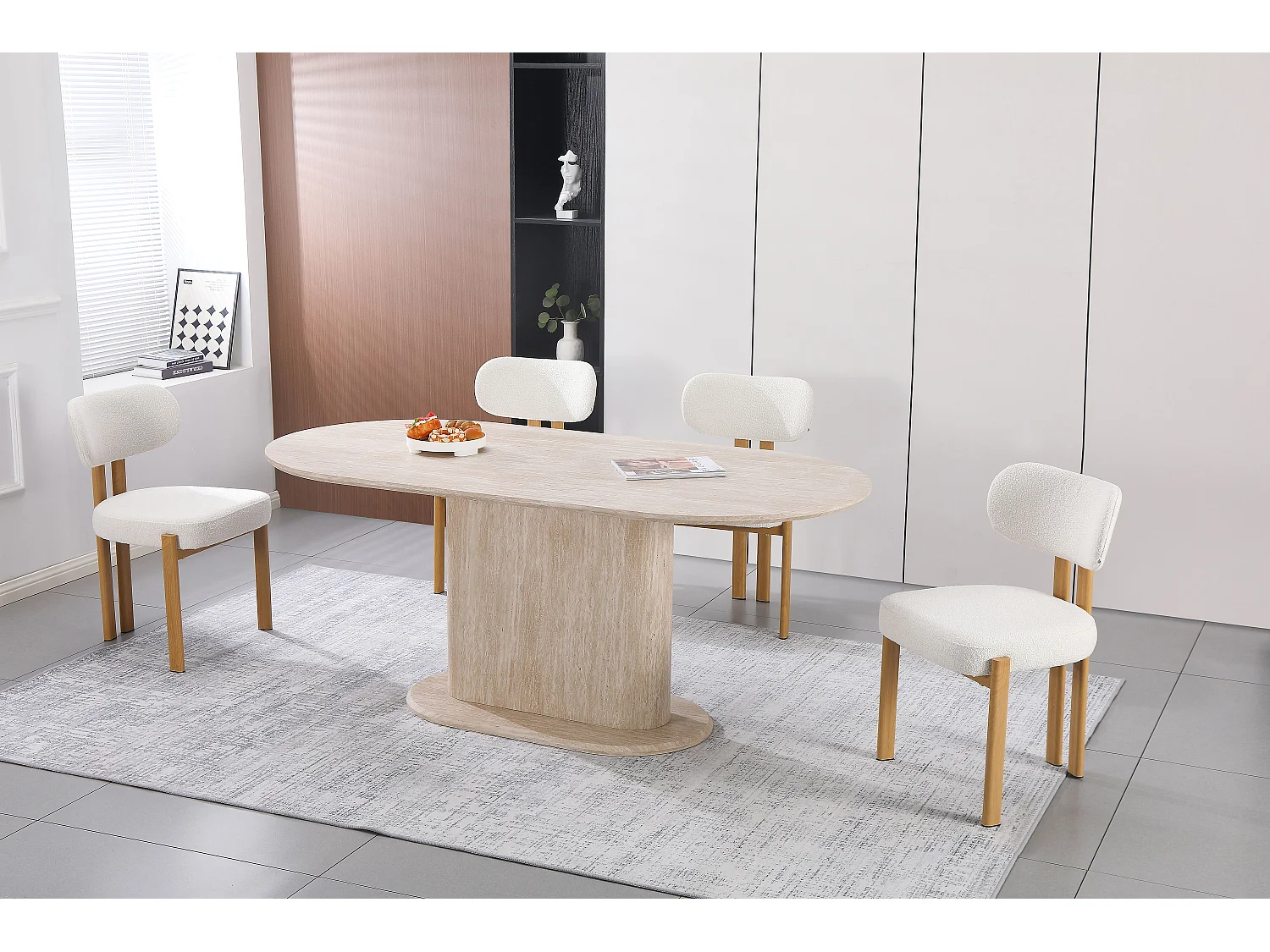 Table à manger ovale 6 à 8 personnes - Effet travertin beige - Bois MDF - LISE