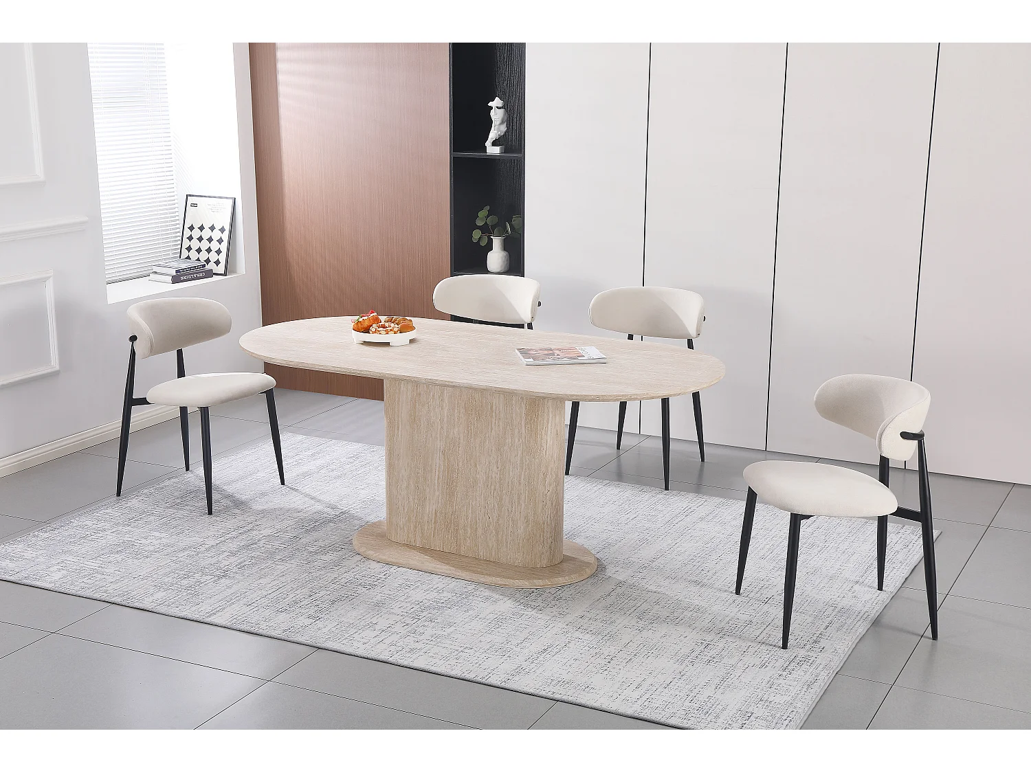 Table à manger ovale 6 à 8 personnes - Effet travertin beige - Bois MDF - LISE