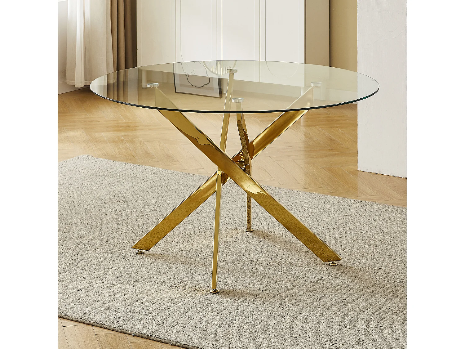 Table à manger ronde en verre trempé transparent et métal doré – 4 personnes – CHIARA