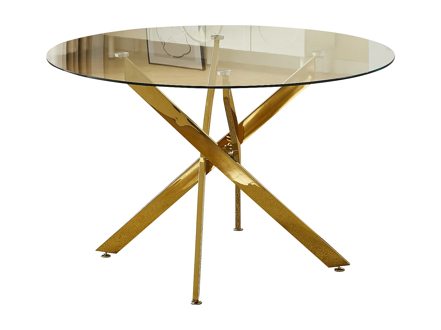 Table à manger ronde en verre trempé transparent et métal doré – 4 personnes – CHIARA
