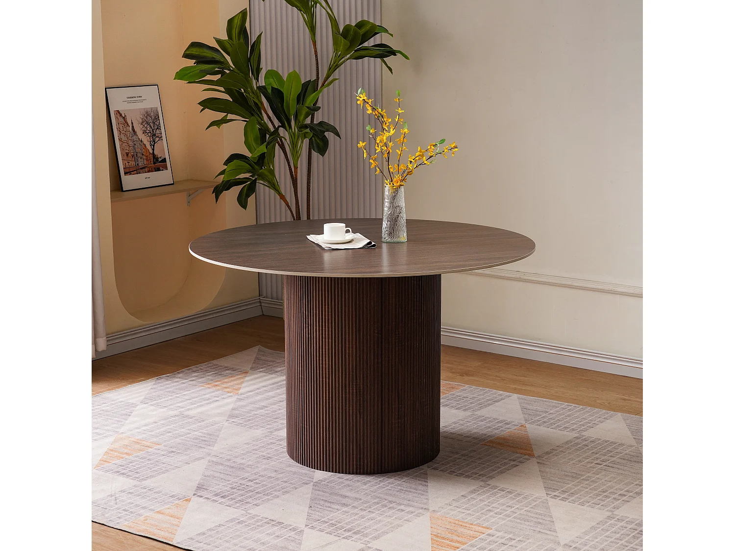 Table à manger ronde 4 personnes - Plateau en céramique noyer - Naturel foncé - ESME