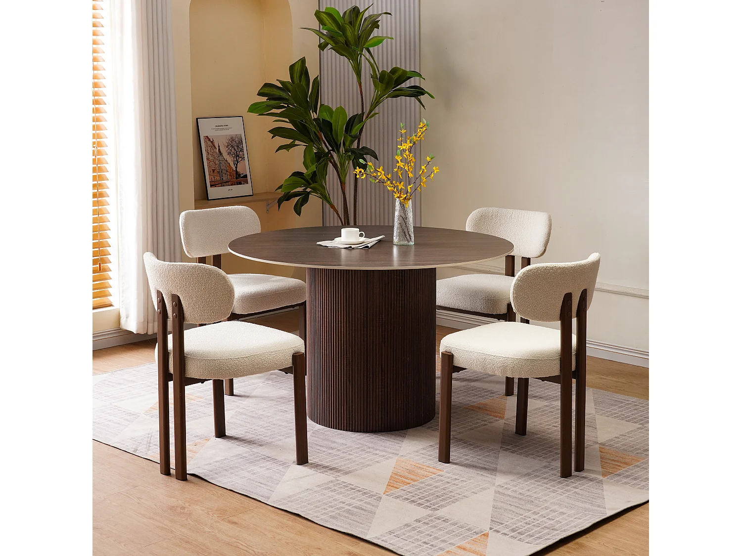 Table à manger ronde 4 personnes - Plateau en céramique noyer - Naturel foncé - ESME