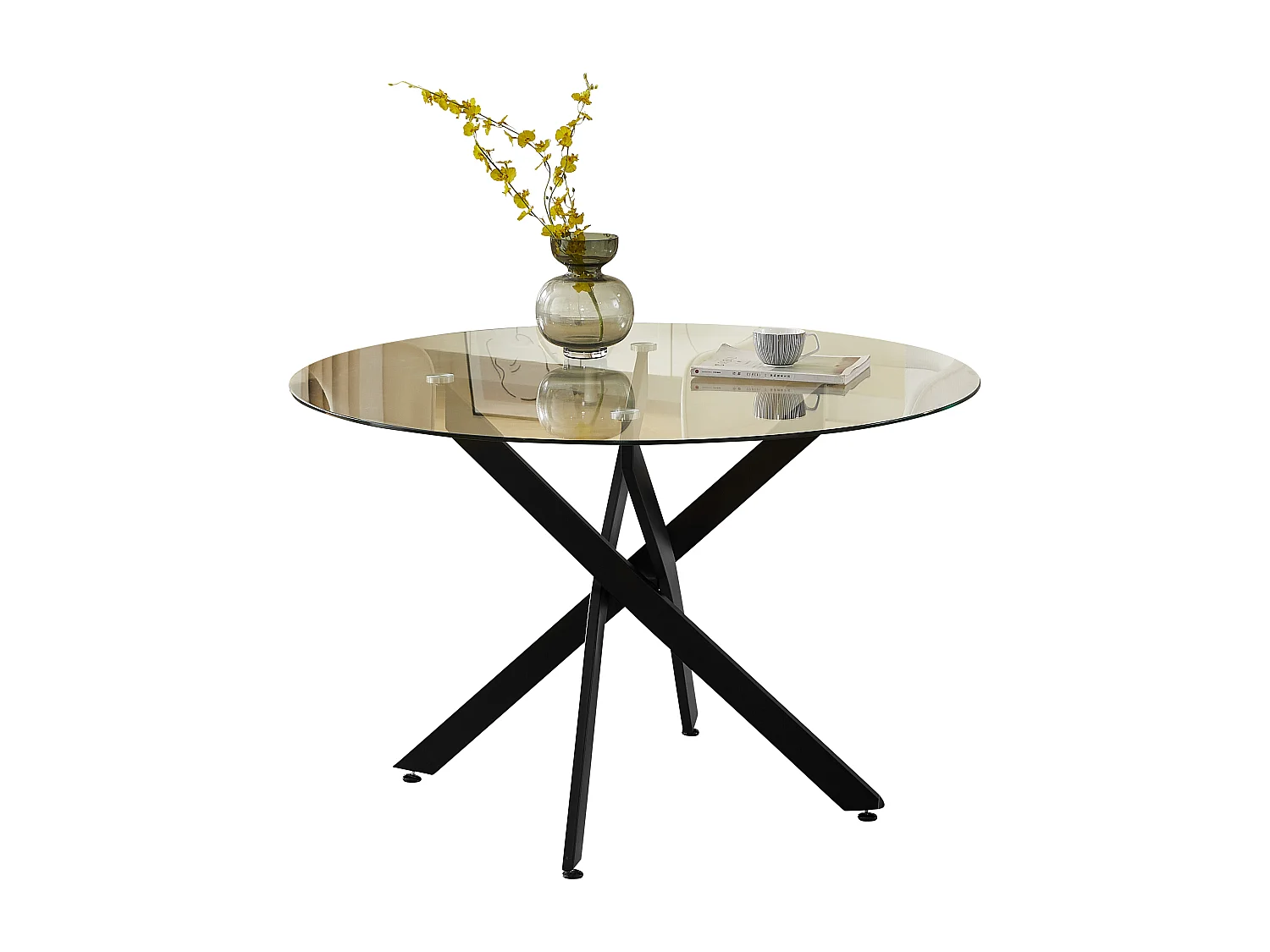 Table à manger ronde en verre trempé transparent et métal noir – 4 personnes – CHIARA