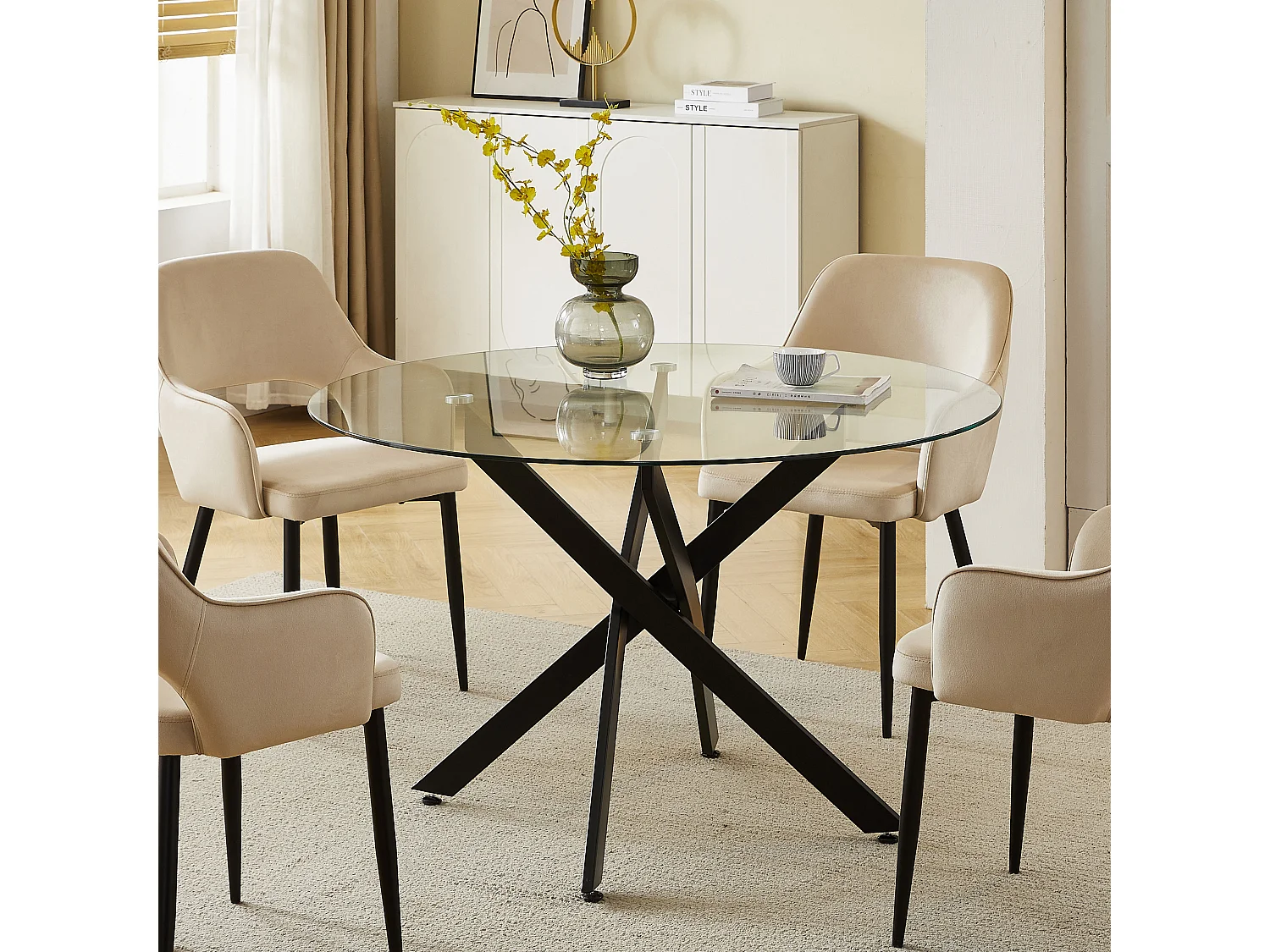 Table à manger ronde en verre trempé transparent et métal noir – 4 personnes – CHIARA