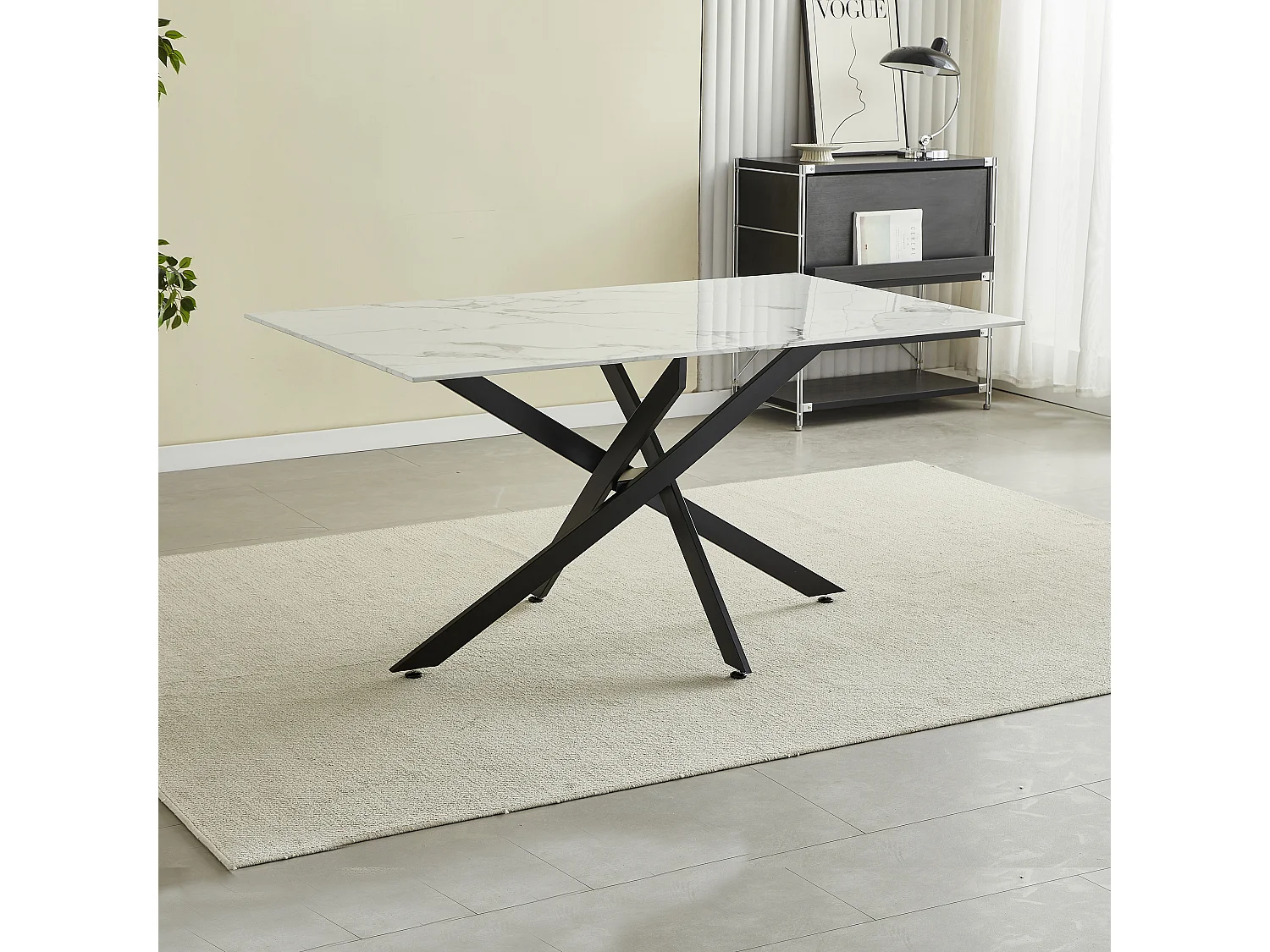 Table à manger rectangulaire en verre trempé - Effet marbre blanc et métal noir – 6 personnes – CHIARA