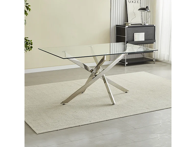 Table à manger rectangulaire en verre trempé transparent et métal chromé – 8 personnes – CHIARA