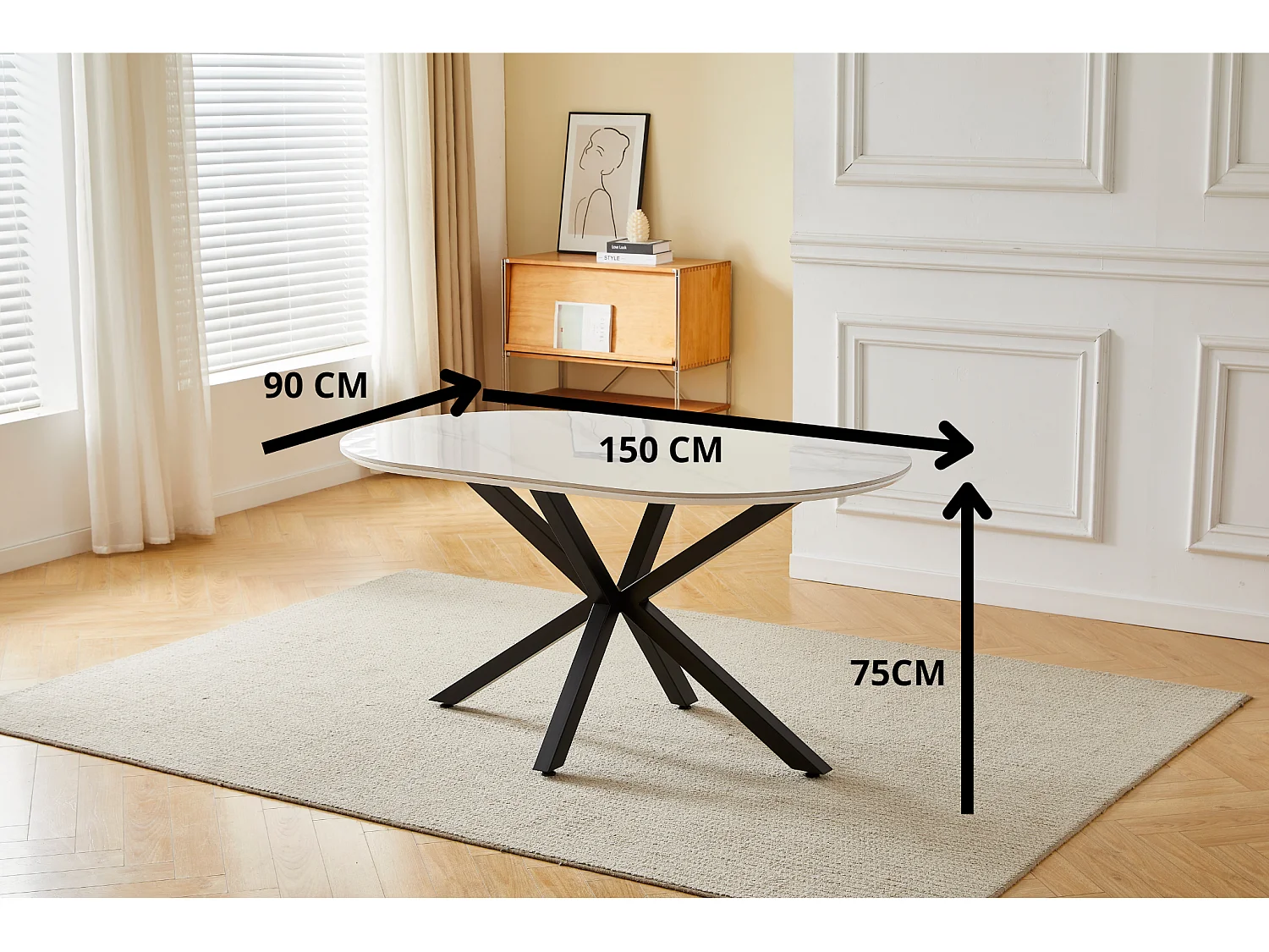 Table à manger LUCIA - 6 personnes - Plateau en céramique effet marbre blanc - Pieds en métal noir