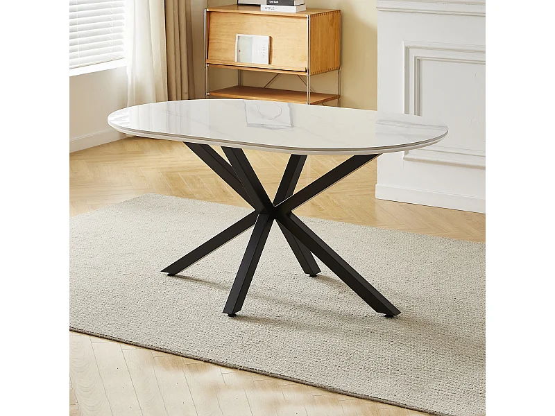 Mesa de comedor LUCIA – 6 personas – Tablero de cerámica efecto mármol blanco – Patas de metal negro