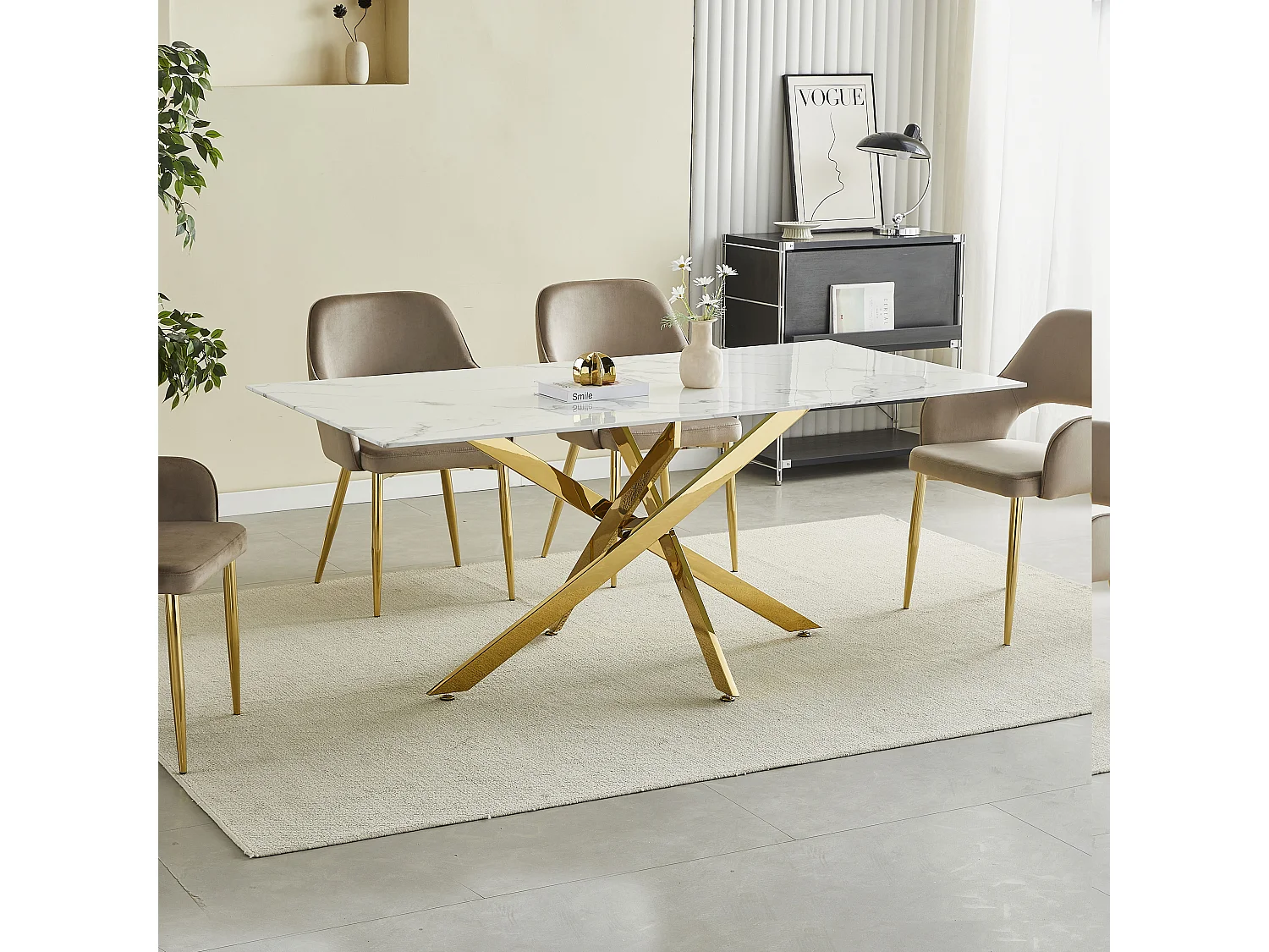 Table à manger rectangulaire en verre trempé - Effet marbre blanc et métal doré – 8 personnes – CHIARA