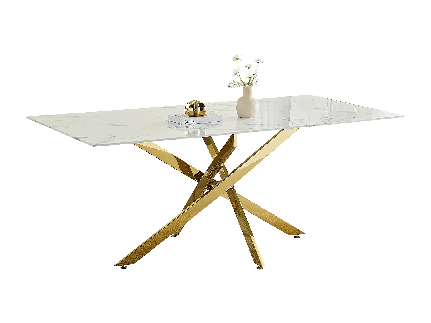 Table à manger rectangulaire en verre trempé - Effet marbre blanc et métal doré – 8 personnes – CHIARA