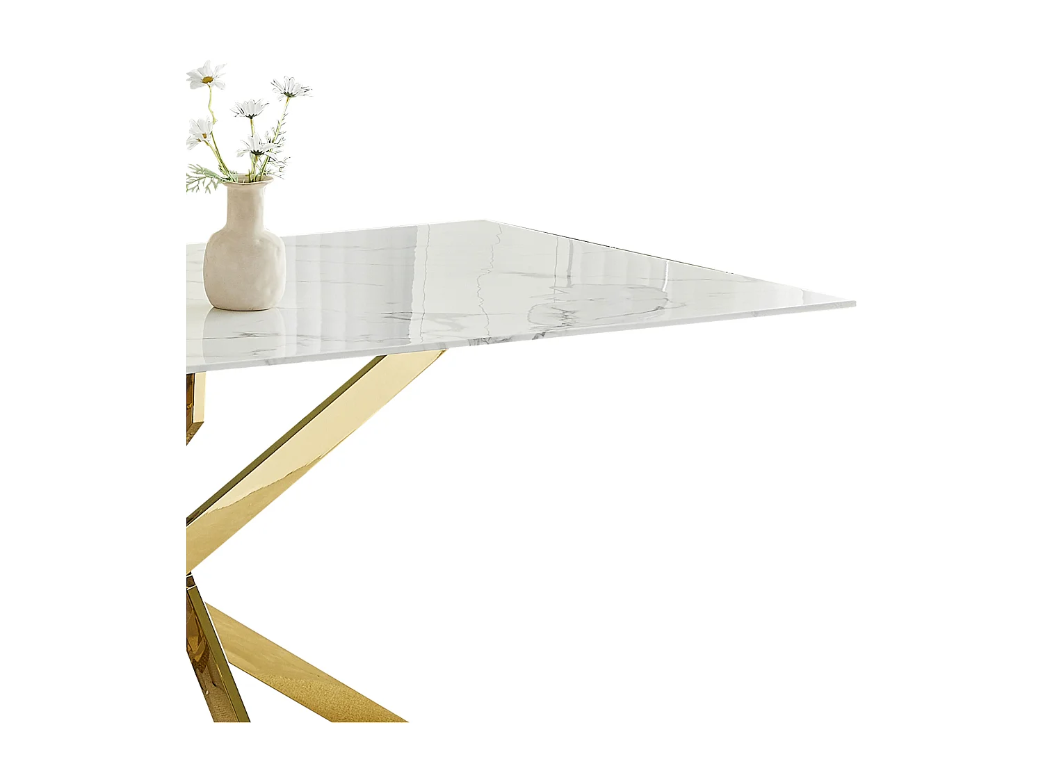 Table à manger rectangulaire en verre trempé - Effet marbre blanc et métal doré – 8 personnes – CHIARA