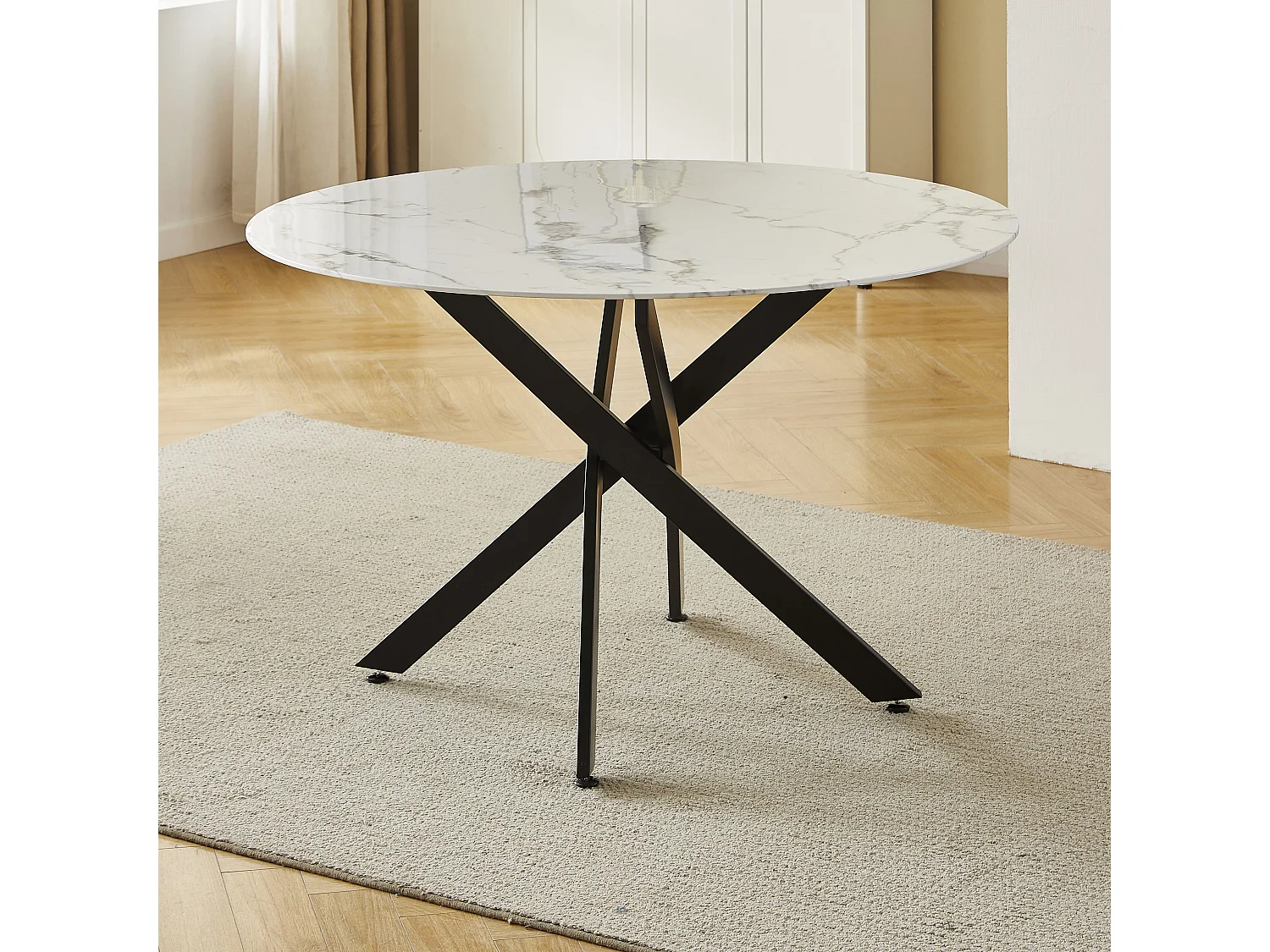 Table à manger ronde en verre trempé - Effet marbre blanc et métal noir – 4 personnes – CHIARA
