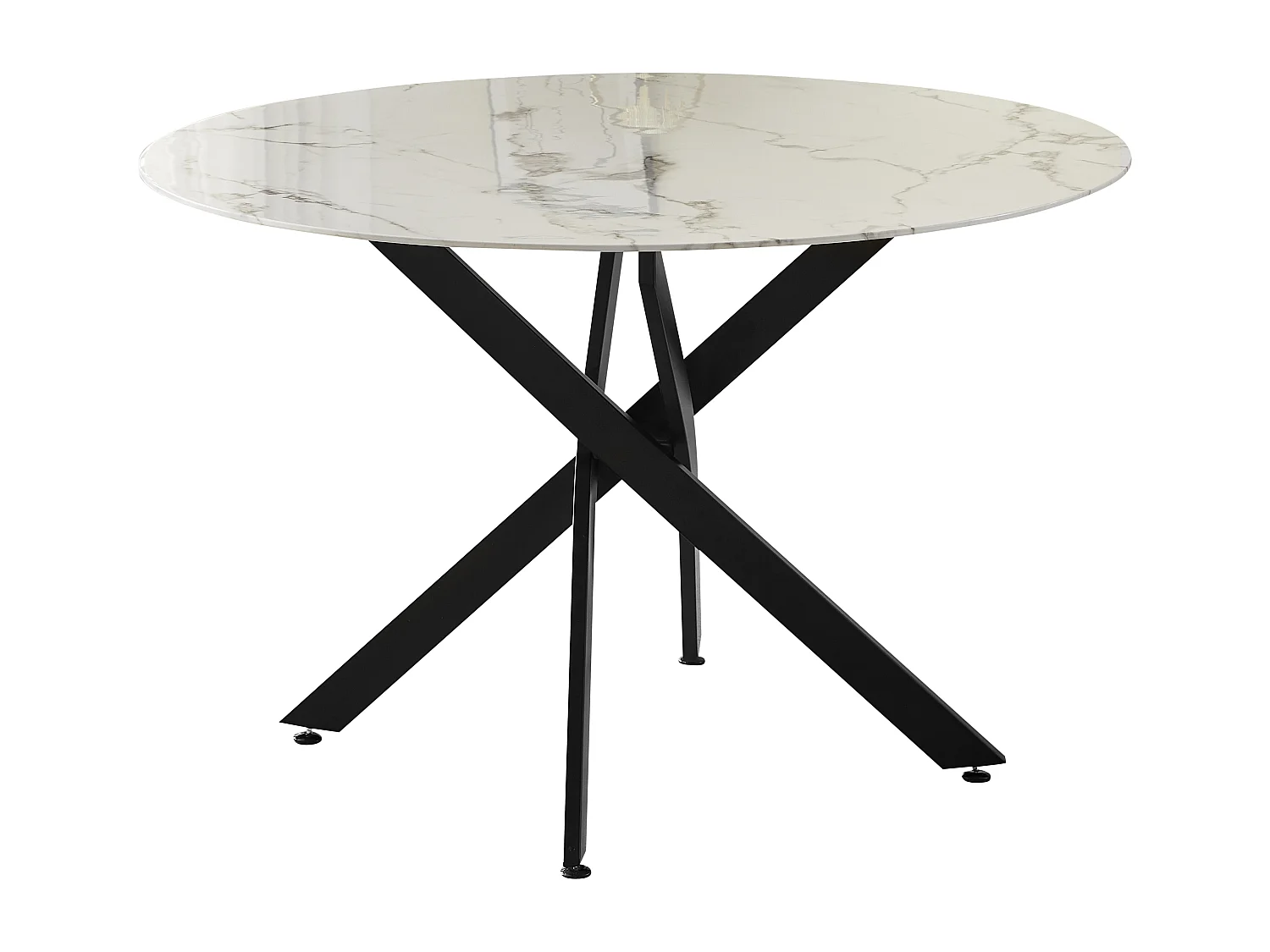 Table à manger ronde en verre trempé - Effet marbre blanc et métal noir – 4 personnes – CHIARA