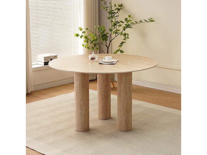 Table à manger ronde 4 personnes - Plateau en céramique effet travertin beige - ANA