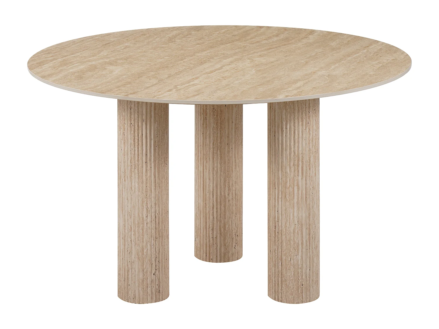Table à manger ronde 4 personnes - Plateau en céramique effet travertin beige - ANA