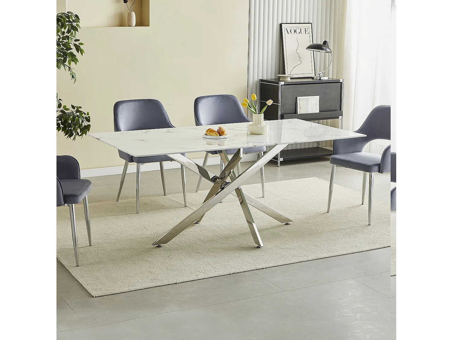 Table à manger rectangulaire en verre trempé - Effet marbre blanc et métal chromé – 6 personnes – CHIARA