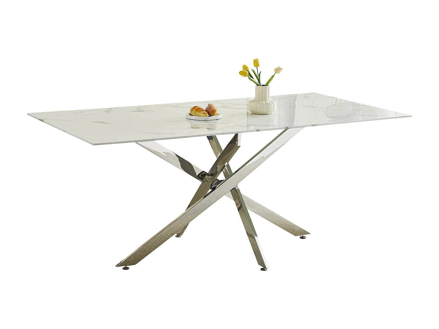 Table à manger rectangulaire en verre trempé - Effet marbre blanc et métal chromé – 6 personnes – CHIARA