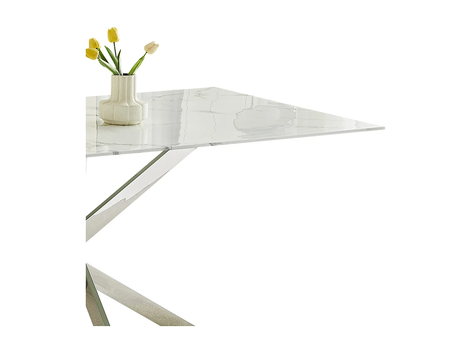 Table à manger rectangulaire en verre trempé - Effet marbre blanc et métal chromé – 6 personnes – CHIARA