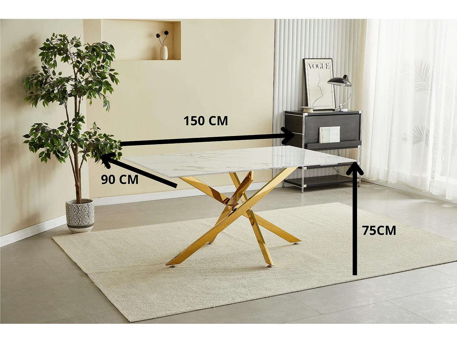 Table à manger rectangulaire en verre trempé - Effet marbre blanc et métal chromé – 6 personnes – CHIARA