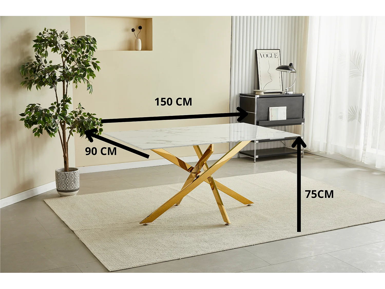 Table à manger rectangulaire en verre trempé - Effet marbre blanc et métal chromé – 6 personnes – CHIARA