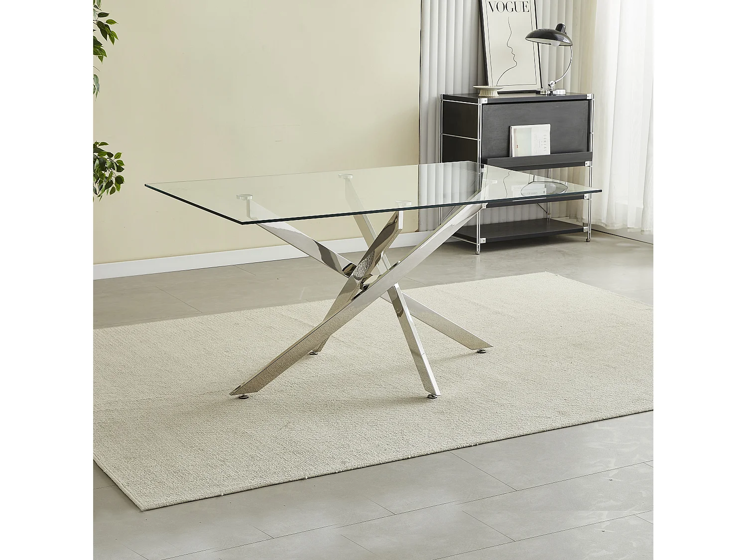 Table à manger rectangulaire en verre trempé transparent et métal chromé – 6 personnes – CHIARA