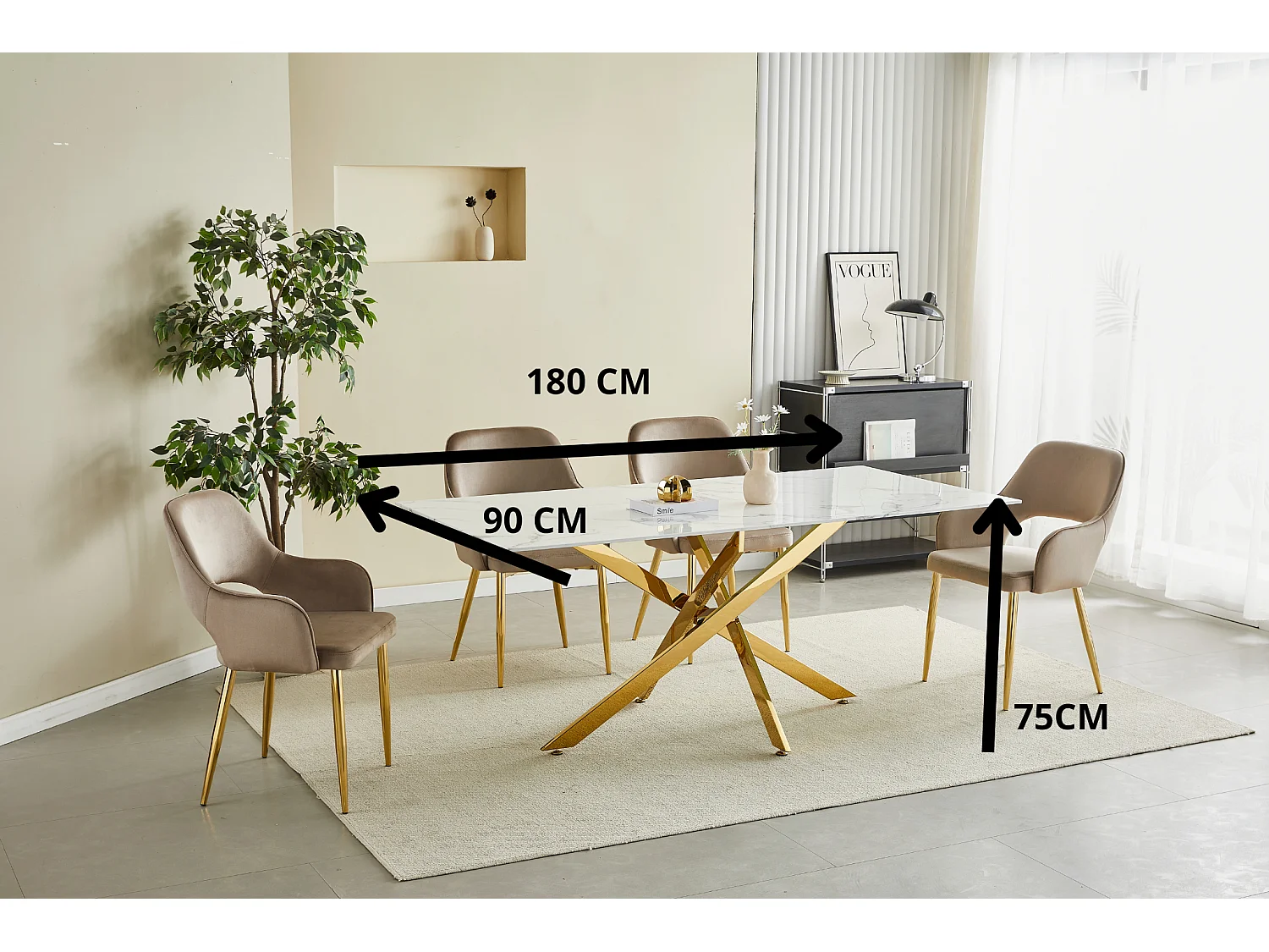 Table à manger rectangulaire en verre trempé transparent et métal doré – 8 personnes – CHIARA