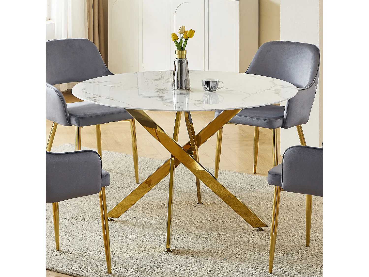 Table à manger ronde en verre trempé - Effet marbre blanc et métal doré – 4 personnes – CHIARA